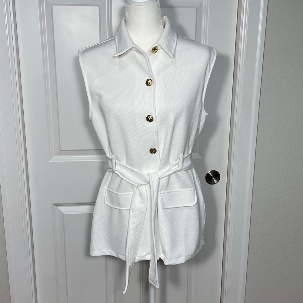 Zara Button Up Sleeveless Top Size Large White Collar Belt New Vest